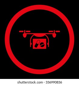 Medical Quadcopter vector icon. Style is flat rounded symbol, red color, rounded angles, black background.