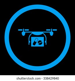Medical Quadcopter vector icon. Style is flat rounded symbol, blue color, rounded angles, black background.