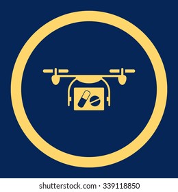 Medical Quadcopter vector icon. Style is flat rounded symbol, yellow color, rounded angles, blue background.