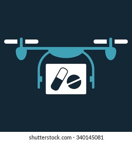 Medical Quadcopter vector icon. Style is bicolor flat symbol, blue and white colors, rounded angles, dark blue background.