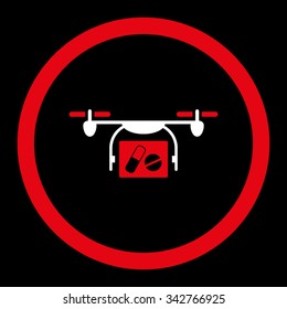 Medical Quadcopter vector icon. Style is bicolor flat rounded symbol, red and white colors, rounded angles, black background.