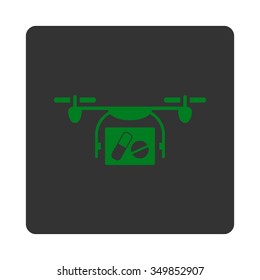 Medical Quadcopter vector icon. Style is flat rounded square button, green and gray colors, white background.
