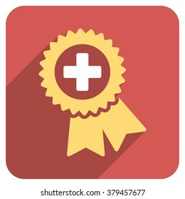 Medical Quality Seal long shadow vector icon. Style is a light flat symbol on a red rounded square button.