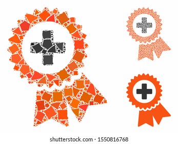 Medical quality seal mosaic of uneven items in variable sizes and color tints, based on medical quality seal icon. Vector rough items are combined into mosaic.