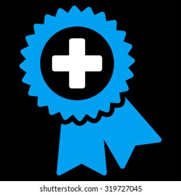 Medical Quality Seal vector icon. Style is bicolor flat symbol, blue and white colors, rounded angles, black background.