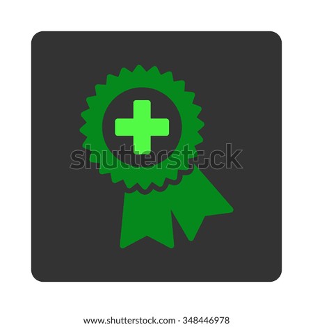 Medical Quality Seal vector icon. Style is flat rounded square dark gray button, green symbol, white background.