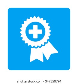 Medical Quality Stamp vector icon. Style is flat rounded square button, white and blue colors, white background.
