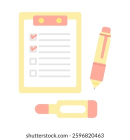 Medical questionnaire, binder, pen, thermometer, illustration