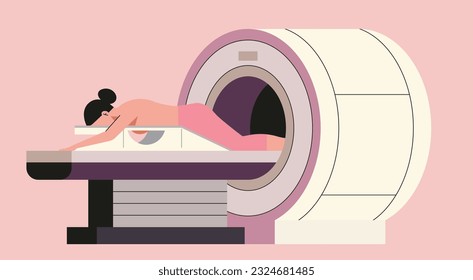 Medical Radiology Concept, Breast Cancer Screening and Diagnosis with Advanced MRI Scan Technology for Accurate Results on Female Patient, Flat Vector Illustration