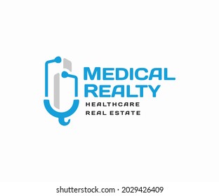 Medical Real Estate Investment Logo Design. Healthcare Office Buildings Vector Design. Skyscraper Building And Stethoscope Logotype