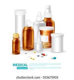  Medical realistic background with medical bottles and different types of pills vector illustration 