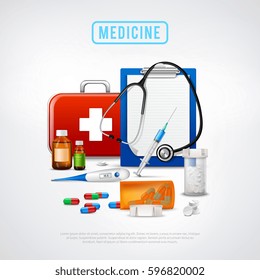 Medical realistic background with first aid box thermometer binaural stethoscope pills vials and syringe with text vector illustration