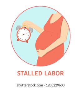 Medical reasons for cesarean delivery or c-section. Stalled birth. Woman touching her belly at pregnancy time. Isolated vector flat illustration