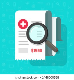 Medical Receipt With Magnifying Glass Vector, Flat Cartoon Tax Bill Document Analysis, Pharmacy Expenses Cost Research, Financial Check, Budget Accounting Report, Paper Invoice Analyze