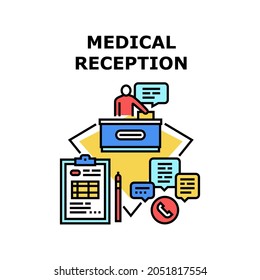 Medical Reception Desk Vector Icon Concept. Medical Reception Desk In Hospital For Consultation Patient And Answering At Calls. Receptionist Medicine Worker In Clinic Color Illustration