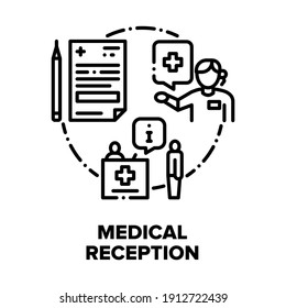 Medical Reception In Hospital Vector Icon Concept. Receptionist Discussing With Patient, Help To Filling Medicine Card And Practitioner Working At Clinic Reception Black Illustration