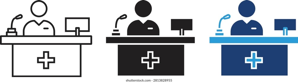 Medical Reception Icon Set. Editable Stroke Outline, Glyph and Flat Color Healthcare Reception Desk Icons for Hospital, Clinic and Patient Services