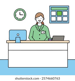 Medical Receptionist Scheduling at Front Desk - Vector Illustration.medical, receptionist, front, desk, scheduling, healthcare, hospital, clinic, office, appointment, booking, vector, illustration,