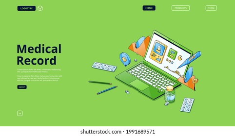 Medical Record Banner. Patient Health Report In Electronic File, Online Healthcare Data. Vector Landing Page With Isometric Illustration Of Laptop With Hospital Patient Profile On Screen