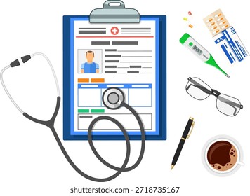 Conceito de registro médico Conceito de registro médico com ícones planos cartão de paciente, estetoscópio, termômetro e pílulas.