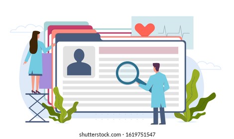 Medical record. Doctor, nurse and patient medical card. Diagnosis research clinic, healthcare insurance web identification page vector hospital communication background