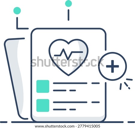 A medical record document featuring a heart pulse icon and a plus sign. This represents adding new patient health data or managing digital healthcare information.