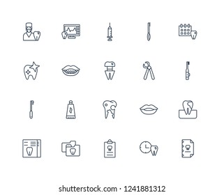 Medical record, Electric toothbrush, appointment, Brushing teeth, Dental X ray, Ekg monitor, Smiling, Shiny Tooth outline vector icons from 20 set