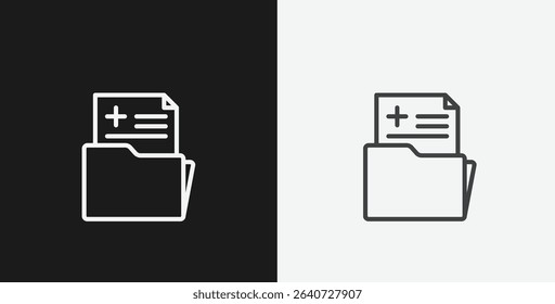 Medical Record Folder with Document and Plus Sign on Black and White Backgrounds, Representing Healthcare or Patient Data, White Outline Icon