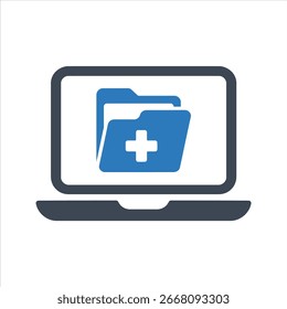 Pasta de registros médicos no ícone do laptop. Ícone online da área de saúde