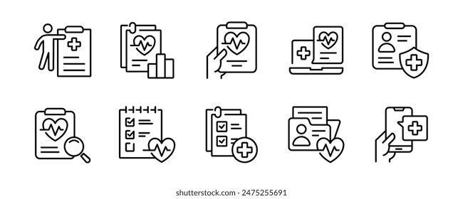 medical record health diagnosis report icon set hospital medical check-up analysis information clipboard vector line illustration