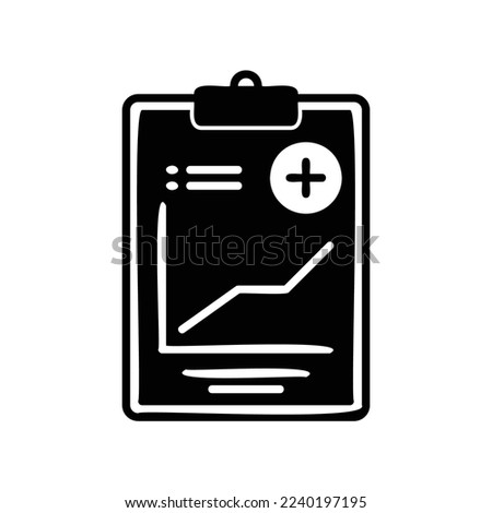 Medical record icon with analysis on paper and clipboard in black solid style