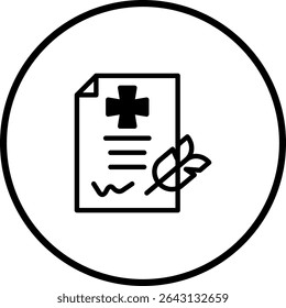 Medical Record Icon with Cross Symbol and Feather Pen within a Circular Frame