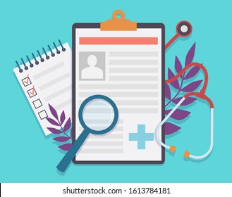 Medical record. Patient card medical history and diagnosis, medicine checklist with checkbox. Healthcare insurance service vector healthy document concept