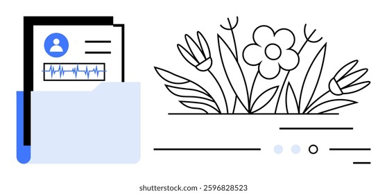 Medical records in a blue folder with health metrics beside a black and white flower drawing. Ideal for healthcare, wellness, patient records, nature, holistic health, medical documentation