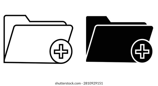Medical records folder with plus sign icon. Digital health data storage and patient file organization system for clinics and hospitals. Secure elec...