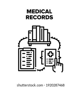 Medical Records Vector Icon Concept. Alphabetized Medical Records And Patient History, Checklist Of Examination Illness Human And Insurance Documentation. Paper Work Black Illustration