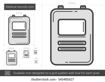 Icono de línea vectorial de registros médicos aislado en fondo blanco. Icono de línea de registros médicos para infografía, sitio web o aplicación. Icono escalable diseñado en un sistema de cuadrícula.