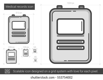 Icono de línea vectorial de registros médicos aislado en fondo blanco. Icono de línea de registros médicos para infografía, sitio web o aplicación. Icono escalable diseñado en un sistema de cuadrícula.