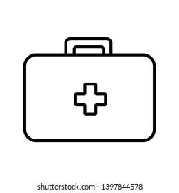 Medical rectangular first-aid kit with medicines, briefcase for first aid, simple black and white icon on a white background. Vector illustration