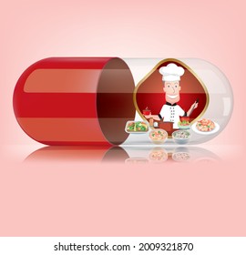 Medical red  capsule with chef on pink background. Vector illustration