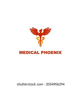 Medical red phoenix shape, apothecary logo with caduceus shape illustration.