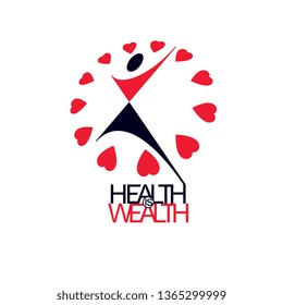 Medical rehabilitation abstract logotype, symbol. Healthy lifestyle is strong heart. Vector illustration of excited person with raised hands up.