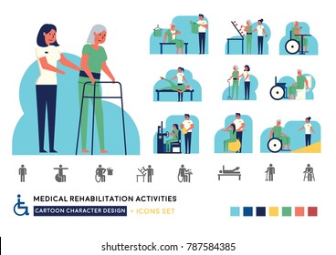 medical rehabilitation activities cartoon character design and icon set