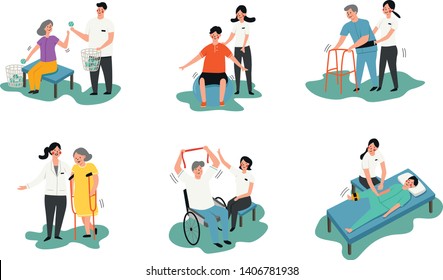 medical rehabilitation activities in elderly and disability people flat character design set, therapist assign some medical rehabilitation activities to patient, patient exercises