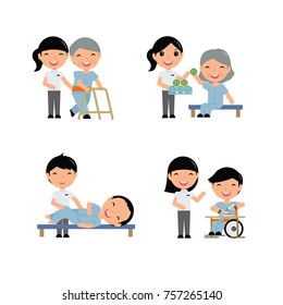 medical rehabilitation activities flat cartoon character design set 