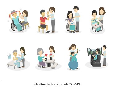 medical rehabilitation activities in patient with disability cartoon set