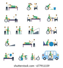 medical rehabilitation activities in physical disability flat character design set