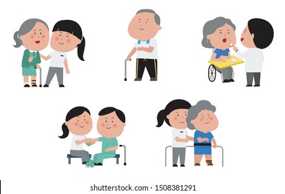 medical rehabilitation activities in stroke patient, cerebrovascular accident care, character design, cute big head cartoon