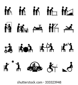 medical rehabilitation activity in elderly and person with disability icon set