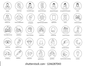 medical, medical rehabilitation, elderly care, orthopedic icon set flat line design